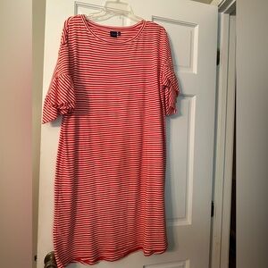 Kaari Blue.  Red and white striped tshirt dress with ruffled sleeves. Size Large